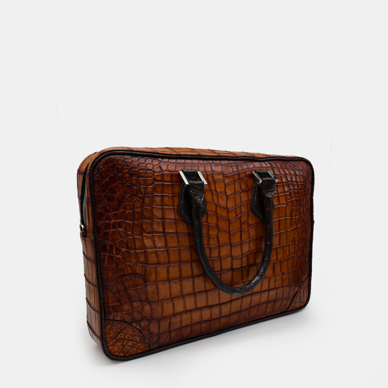 BROWN HANDMADE GENUINE CROCODILE LAPTOP BAG