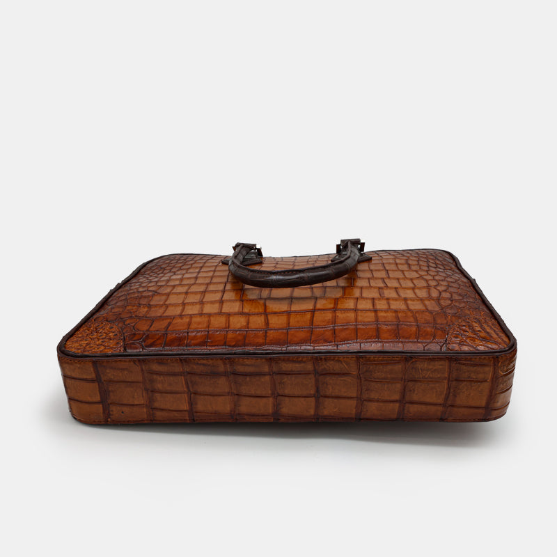 BROWN HANDMADE GENUINE CROCODILE LAPTOP BAG