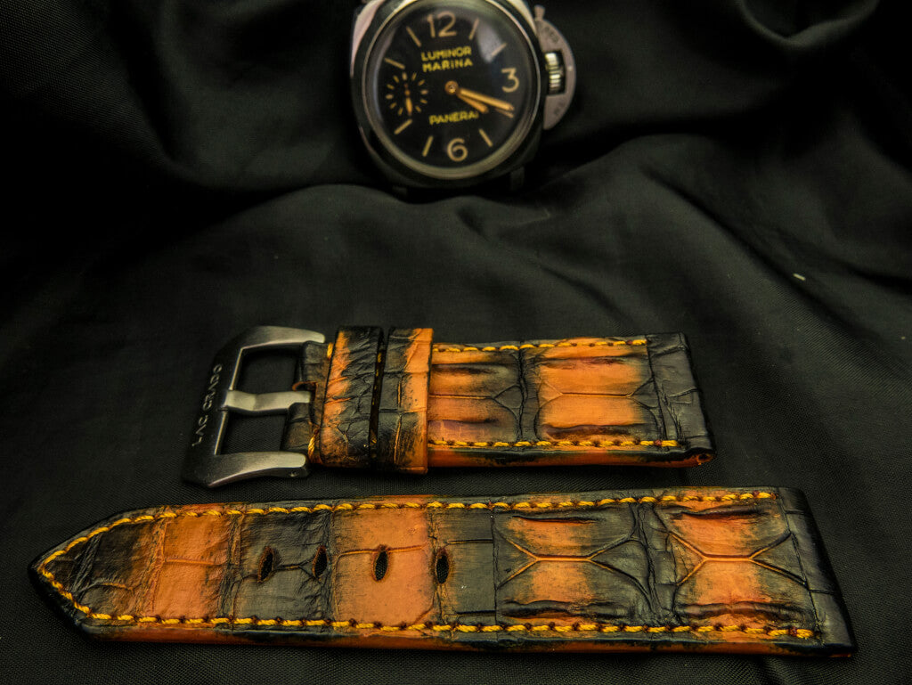 ORANGE&BLACK CROCODILE HORNBACK LEATHER STRAP - Lac Crado