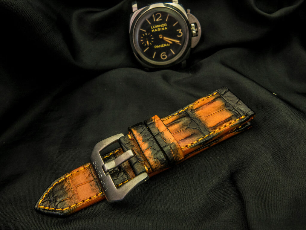 ORANGE&BLACK CROCODILE HORNBACK LEATHER STRAP - Lac Crado
