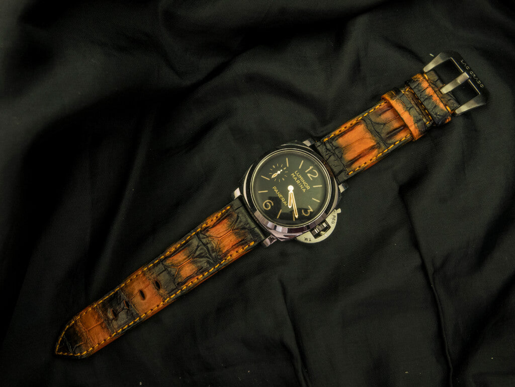 ORANGE&BLACK CROCODILE HORNBACK LEATHER STRAP - Lac Crado