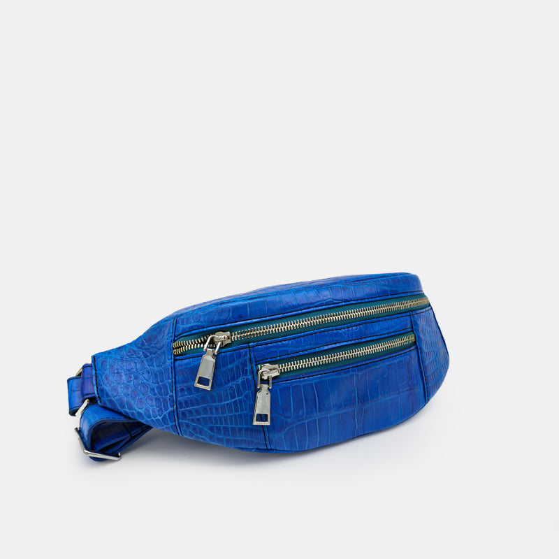 BLUE HANDMADE GENUINE CROCODILE BELT BAG
