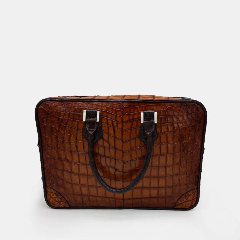 BROWN HANDMADE GENUINE CROCODILE LAPTOP BAG