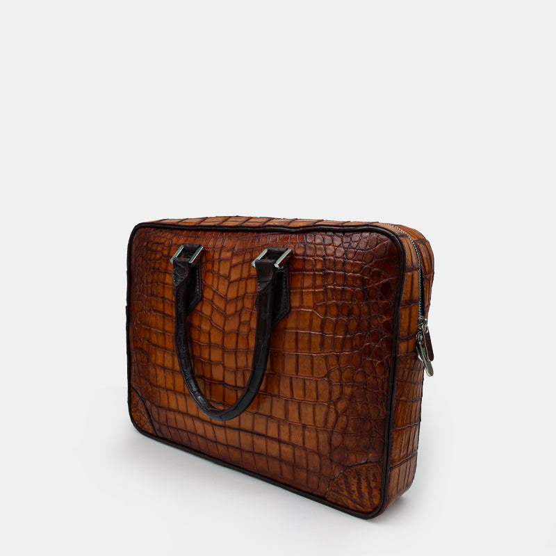 BROWN HANDMADE GENUINE CROCODILE LAPTOP BAG