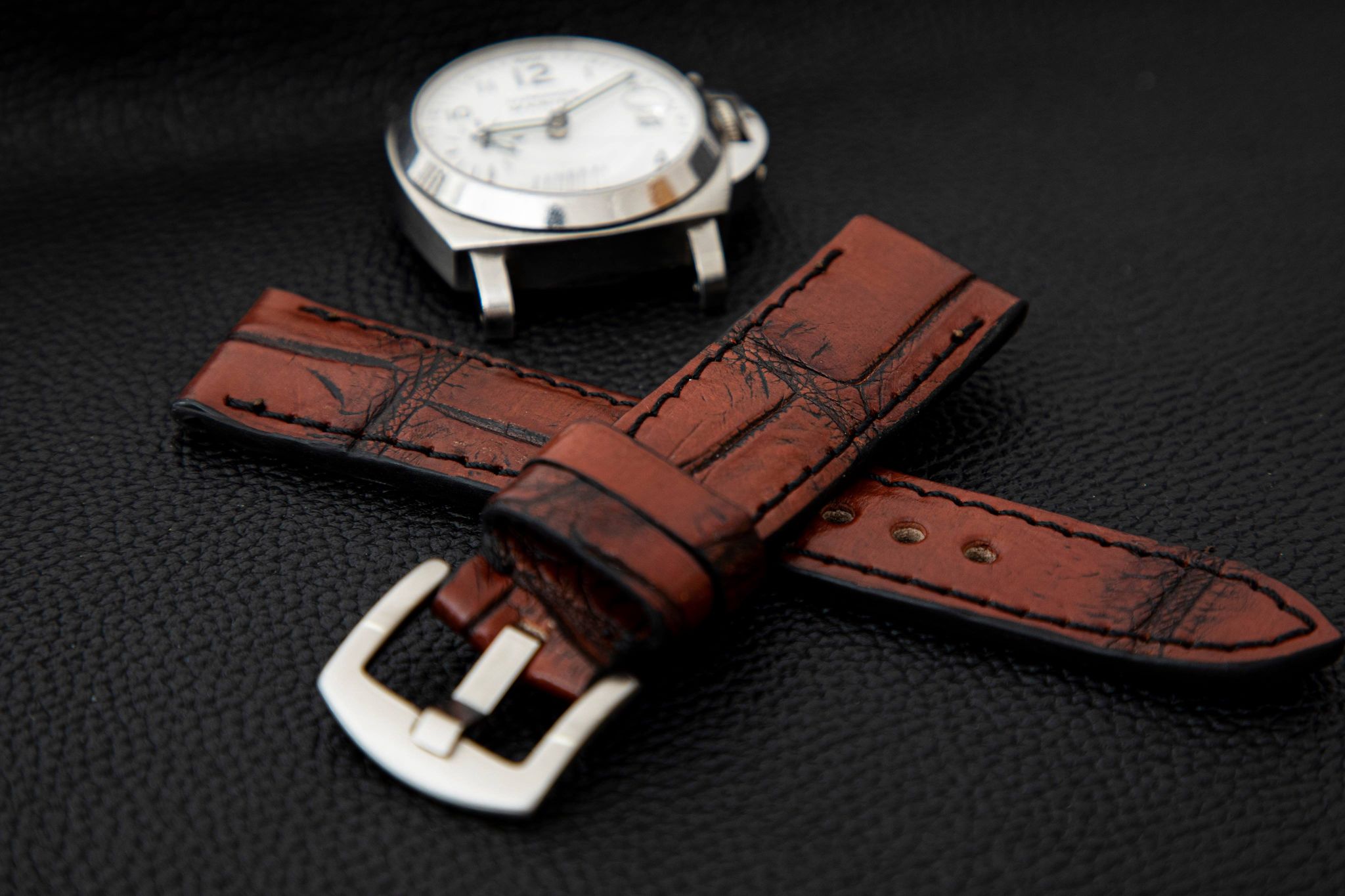 BROWN&BLACK CROCODILE BELLY LEATHER STRAP - Lac Crado 