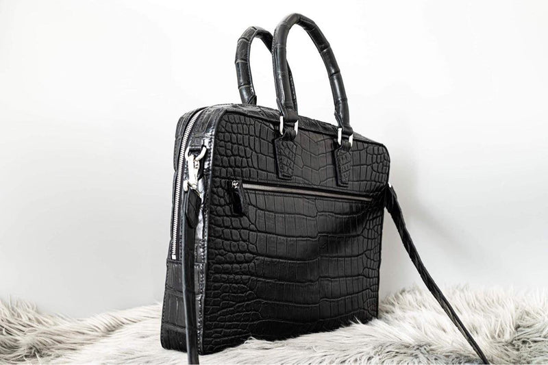 BLACK HANDMADE GENUINE CROCODILE LAPTOP SLINGBAG