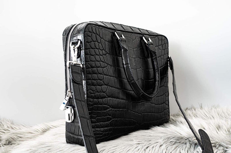 BLACK HANDMADE GENUINE CROCODILE LAPTOP SLINGBAG