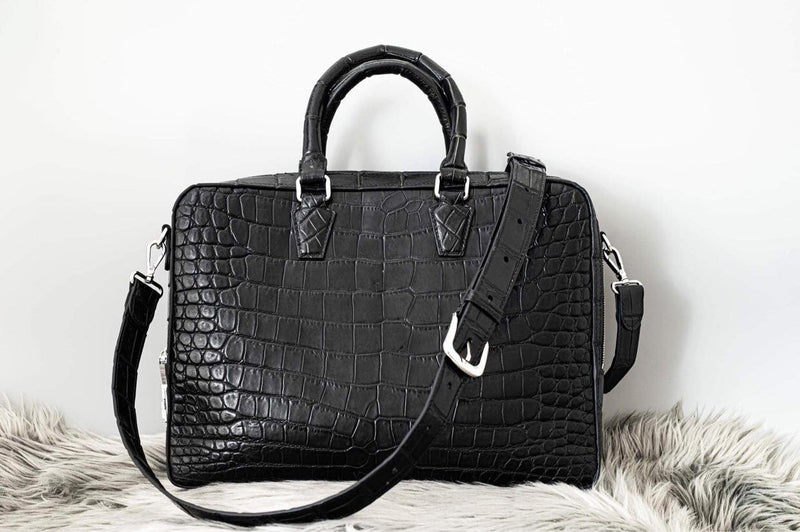 BLACK HANDMADE GENUINE CROCODILE LAPTOP SLINGBAG