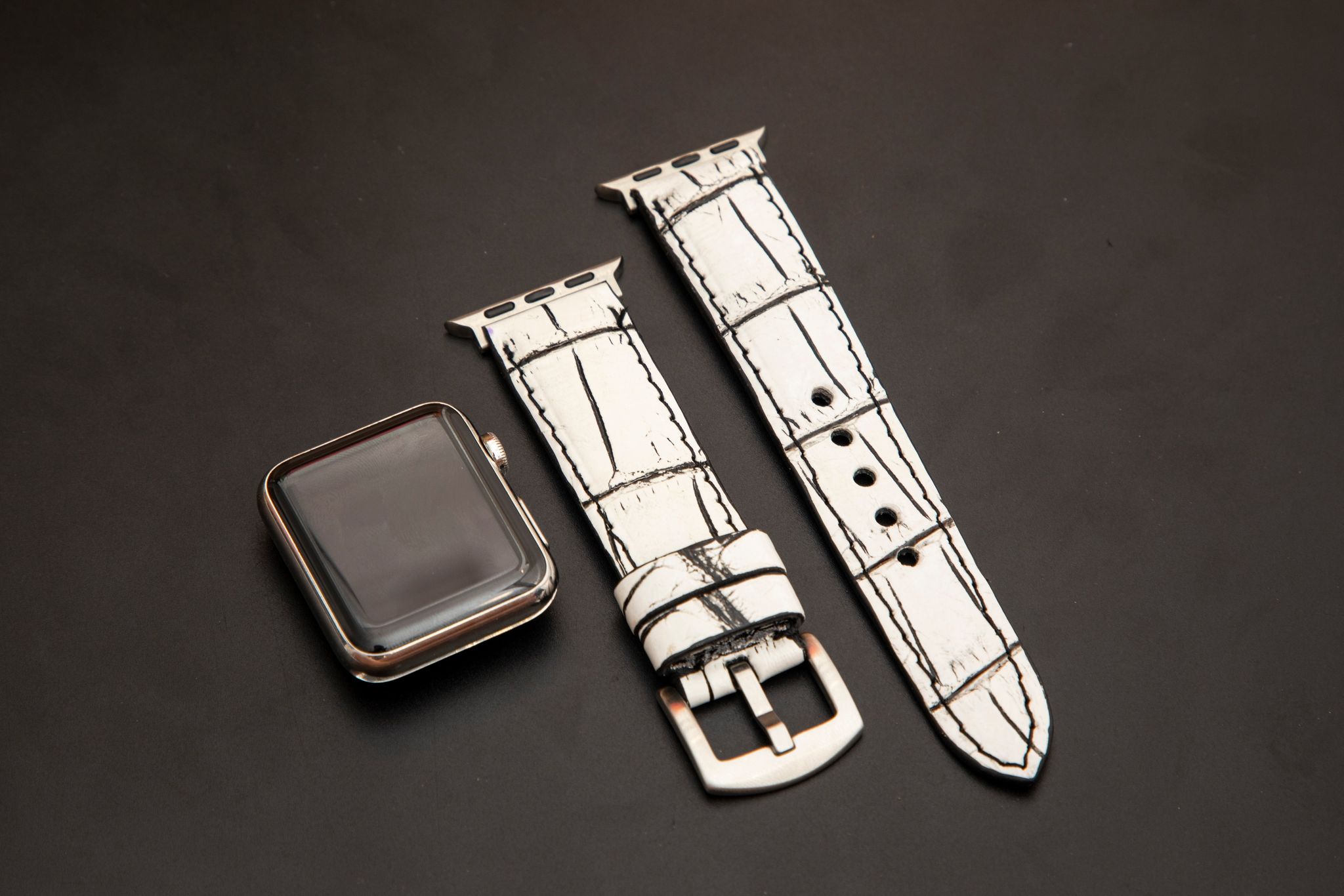 WHITE&BLACK CROCODILE BELLY LEATHER STRAP