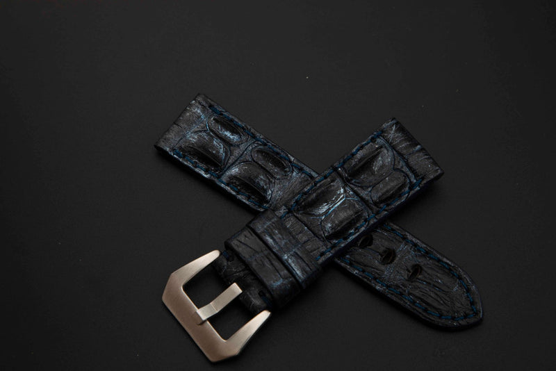 BLUE&SILVER CROCODILE HORNBACK LEATHER STRAP