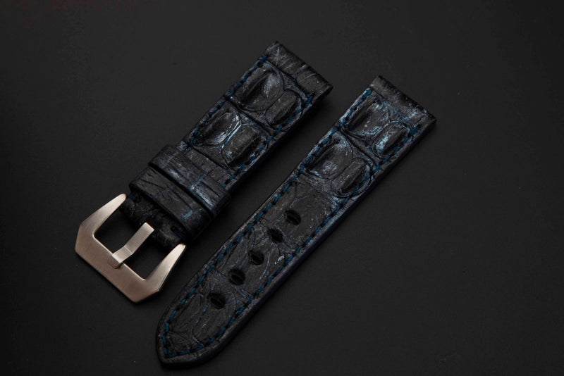 BLUE&SILVER CROCODILE HORNBACK LEATHER STRAP