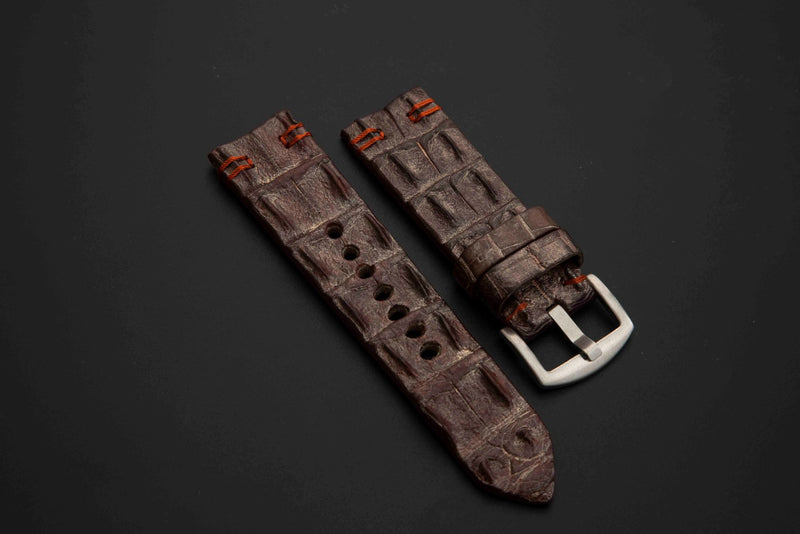 BROWN&SILVER CROCODILE HORNBACK LEATHER STRAP
