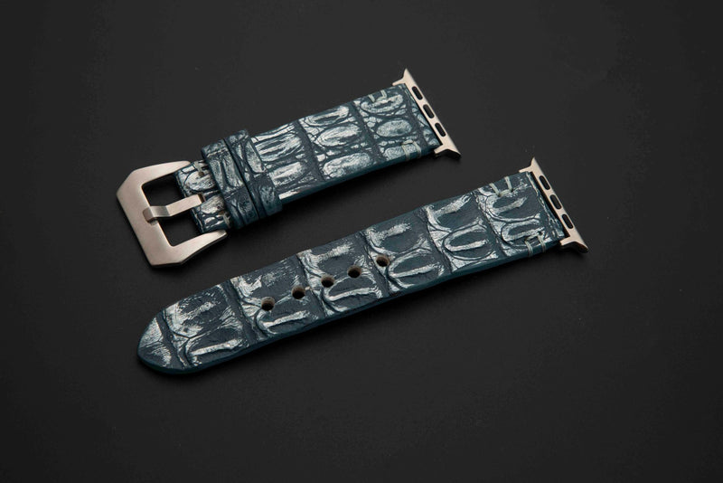 BLUE&SILVER CROCODILE HORNBACK LEATHER STRAP