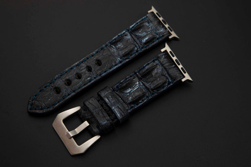 BLUE&SILVER CROCODILE HORNBACK LEATHER STRAP
