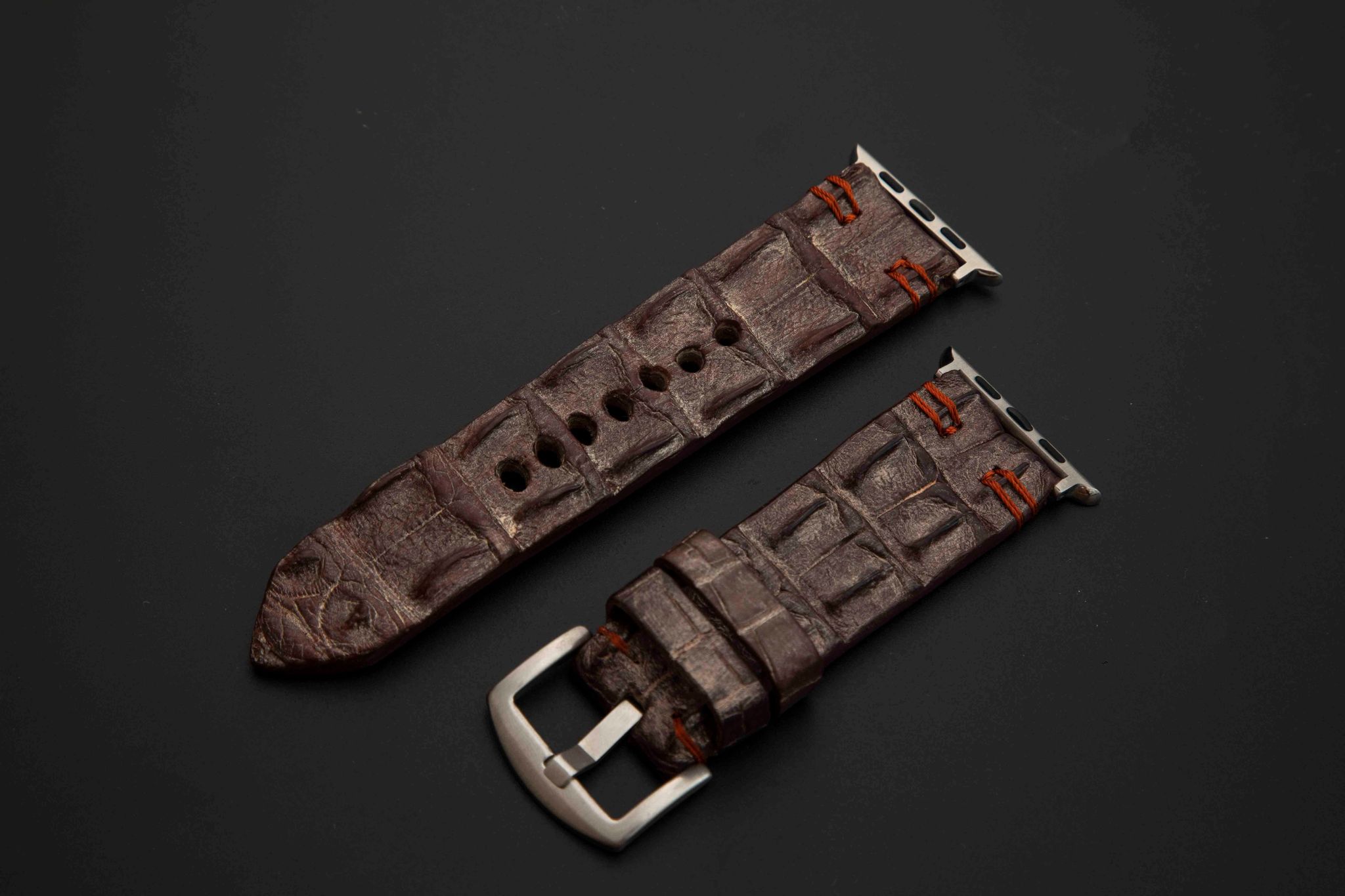 BROWN&SILVER CROCODILE HORNBACK LEATHER STRAP