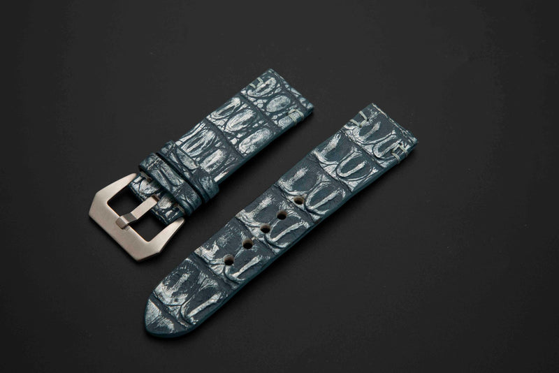 BLUE&SILVER CROCODILE HORNBACK LEATHER STRAP