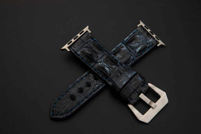 BLUE&SILVER CROCODILE HORNBACK LEATHER STRAP