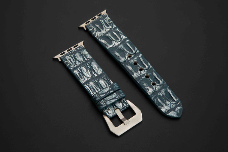 BLUE&SILVER CROCODILE HORNBACK LEATHER STRAP