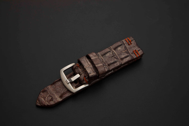 BROWN&SILVER CROCODILE HORNBACK LEATHER STRAP