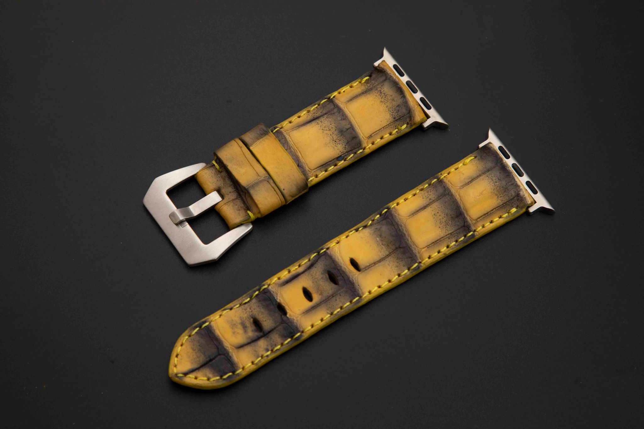 YELLOW&BLACK CROCODILE BELLY LEATHER STRAP