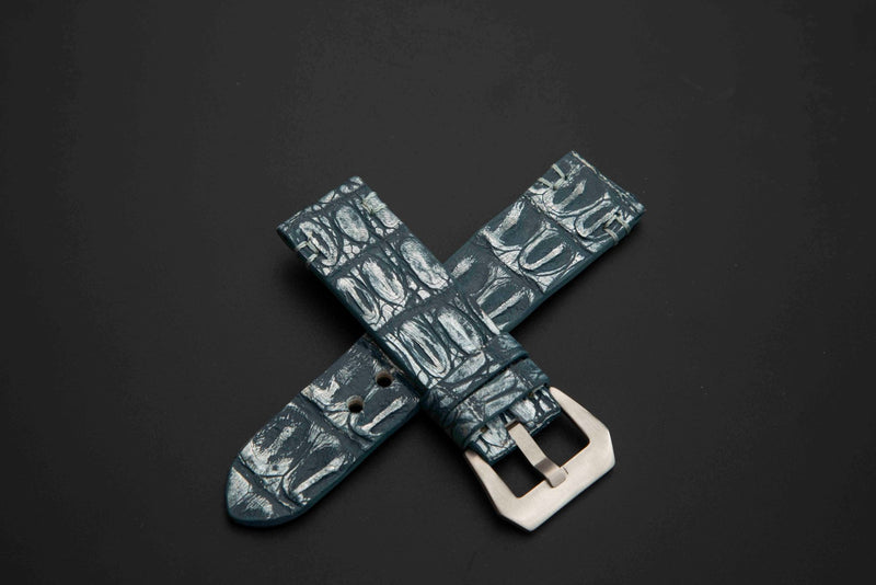 BLUE&SILVER CROCODILE HORNBACK LEATHER STRAP