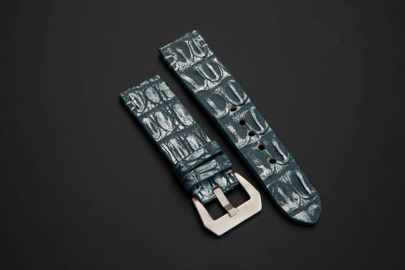 BLUE&SILVER CROCODILE HORNBACK LEATHER STRAP