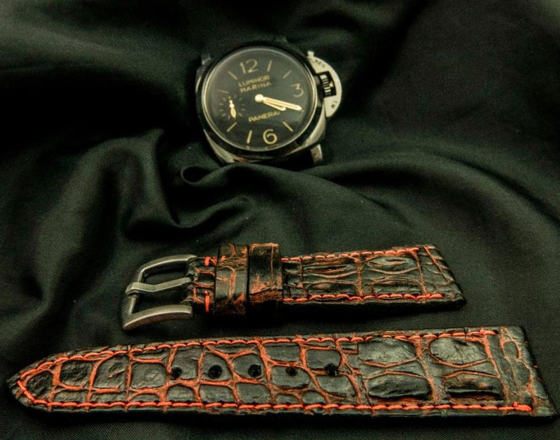 BLACK&RED CROCODILE HORNBACK LEATHER STRAP