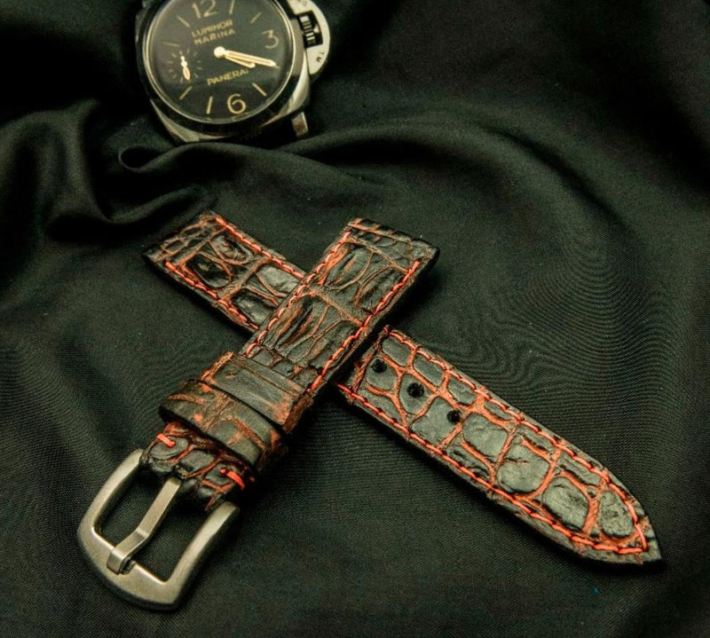 BLACK&RED CROCODILE HORNBACK LEATHER STRAP