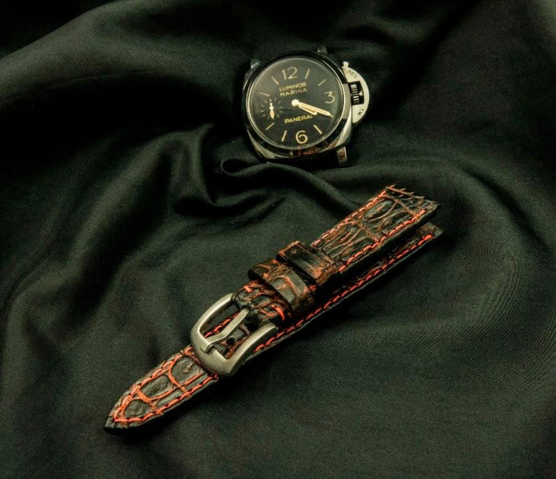 BLACK&RED CROCODILE HORNBACK LEATHER STRAP
