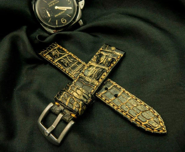 BLACK&YELLOW CROCODILE HORNBACK LEATHER STRAP