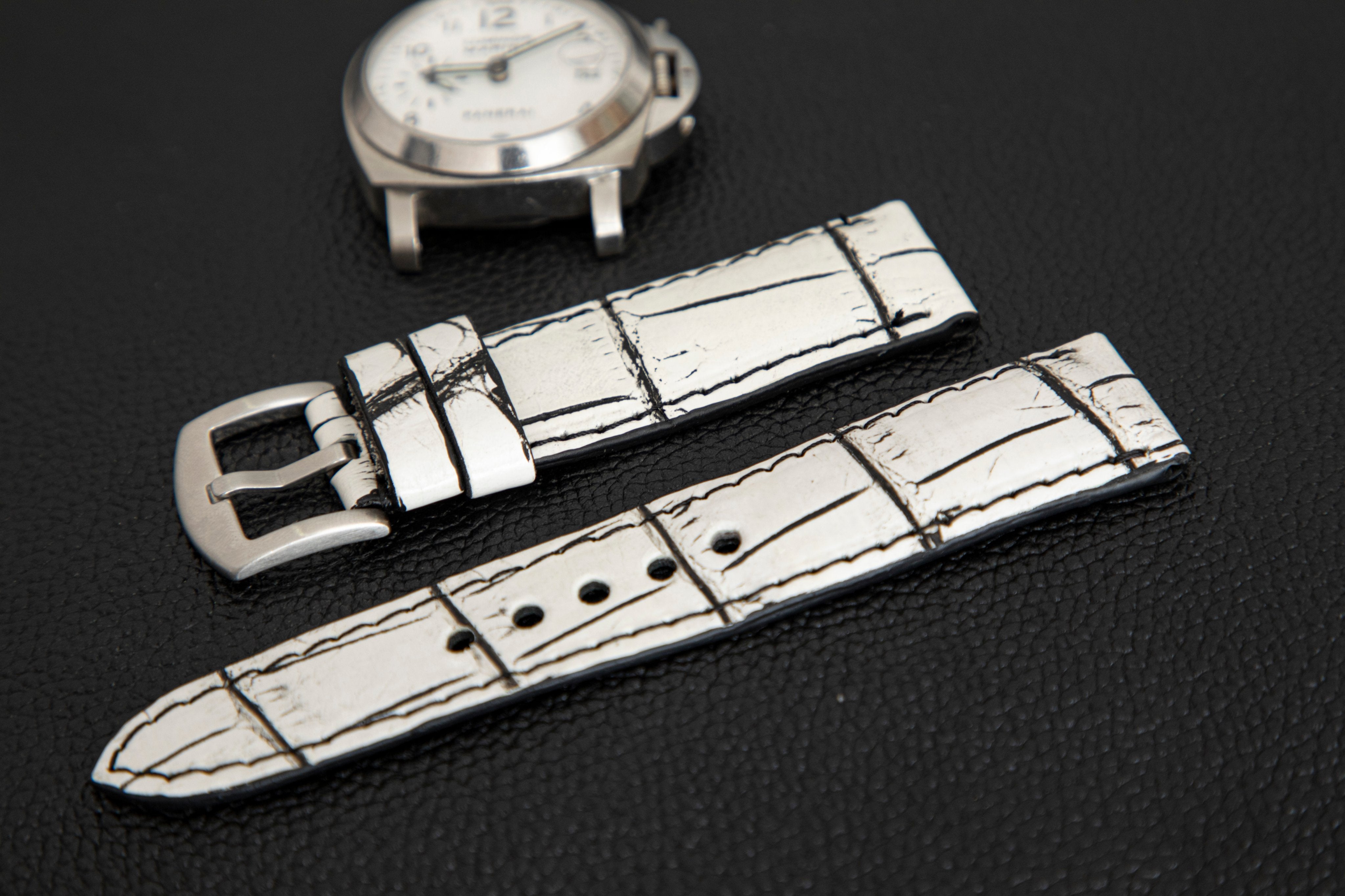 WHITE&BLACK CROCODILE BELLY LEATHER STRAP - Lac Crado 