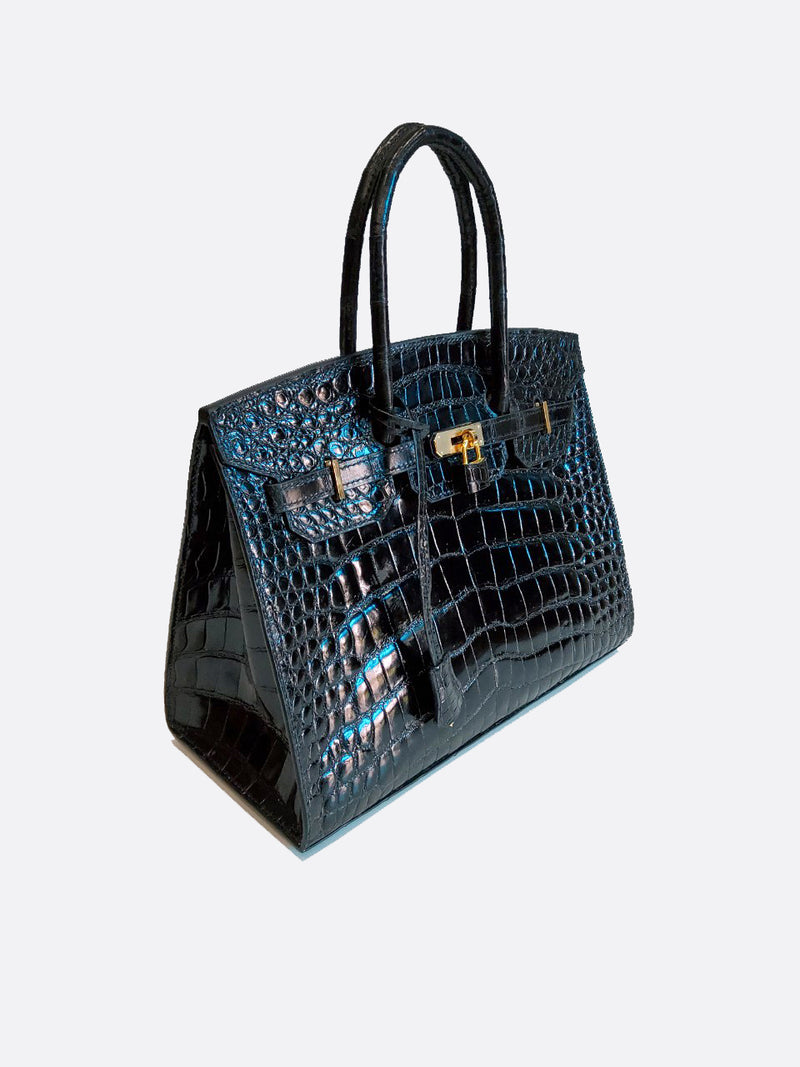 BLACK HANDMADE GENUINE CROCODILE HANDBAG