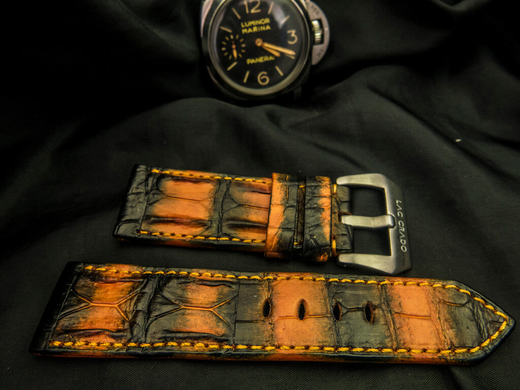 ORANGE&BLACK CROCODILE HORNBACK  LEATHER STRAP - Lac Crado 