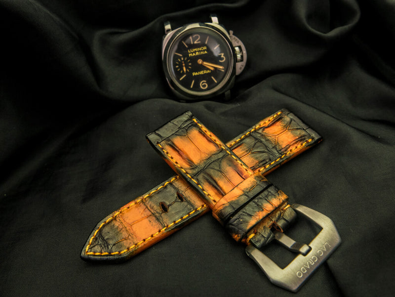 ORANGE&BLACK CROCODILE HORNBACK  LEATHER STRAP - Lac Crado 