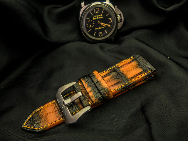 ORANGE&BLACK CROCODILE HORNBACK  LEATHER STRAP - Lac Crado 