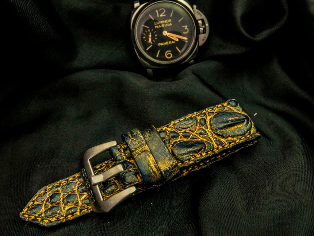 BLACK&GOLD CROCODILE HORNBACK LEATHER STRAP - Lac Crado 