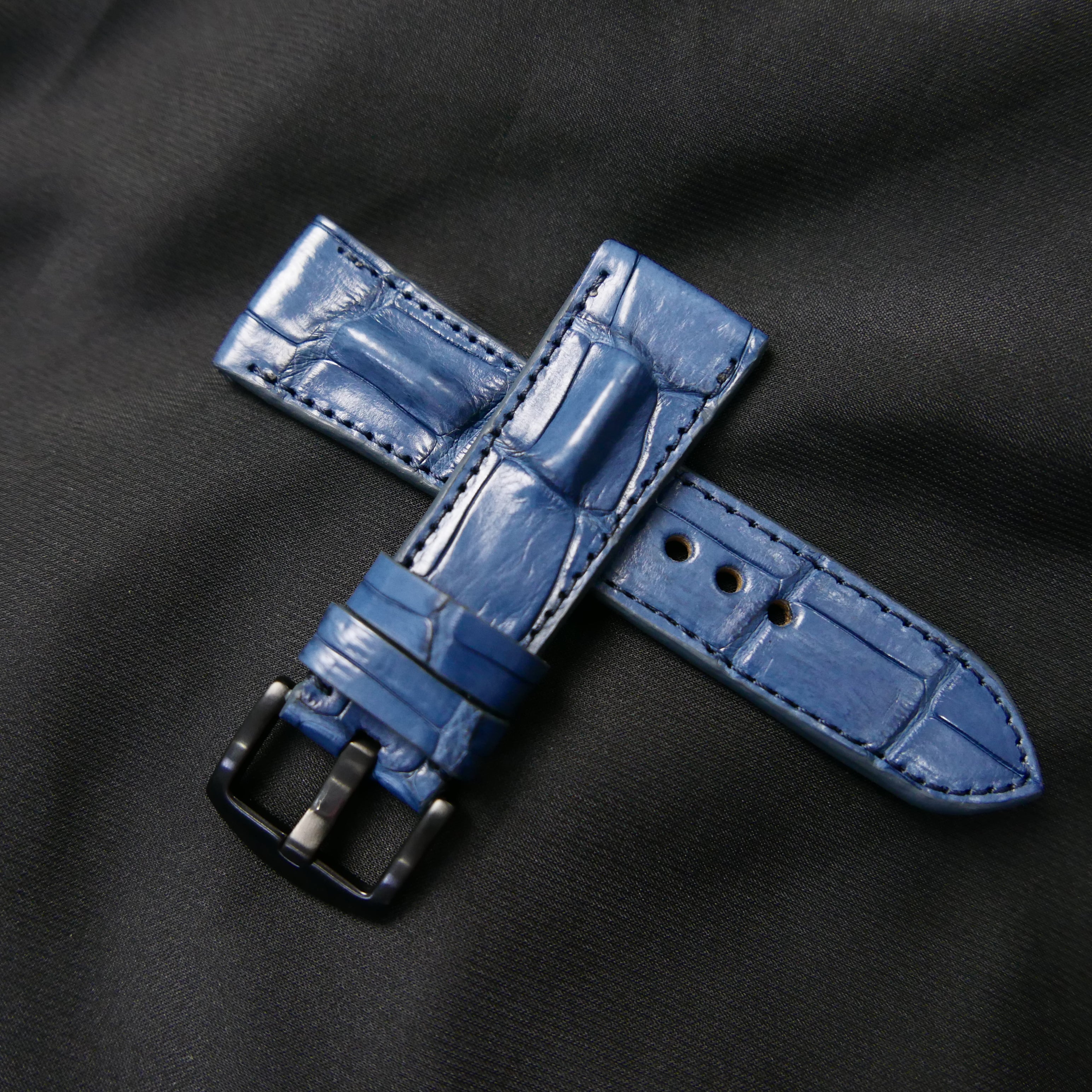 BLUE CROCODILE HORNBACK LEATHER STRAP - Lac Crado 